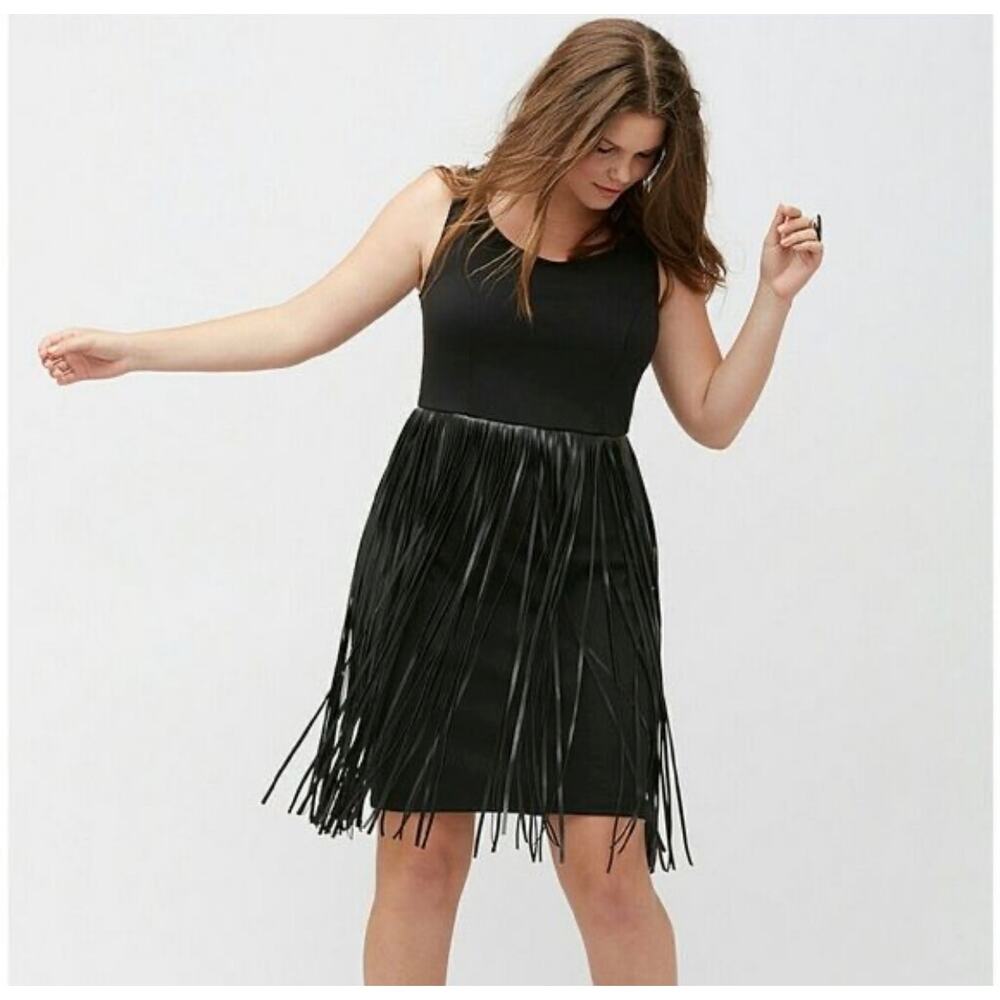 Lane Bryant Black Fringe Faux‎ Leather Accent Sleeveless Party Dress Plus Size